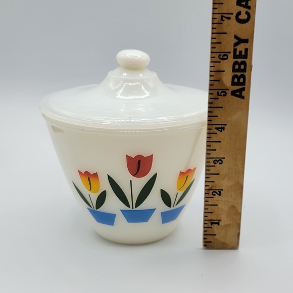 FIRE KING TULIP Ivory Off White GREASE DRIP JAR with Lid Anchor Hocking USA - Picture 3 of 6